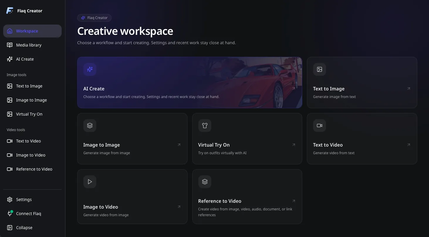 Flaq.ai Desktop-Arbeitsbereich mit KI-Bild- und Videotools, einer Medienbibliothek und Kontoeinstellungen